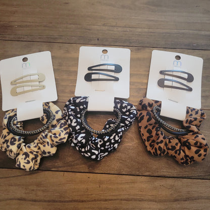 Leopard Scrunchie & Clips Set